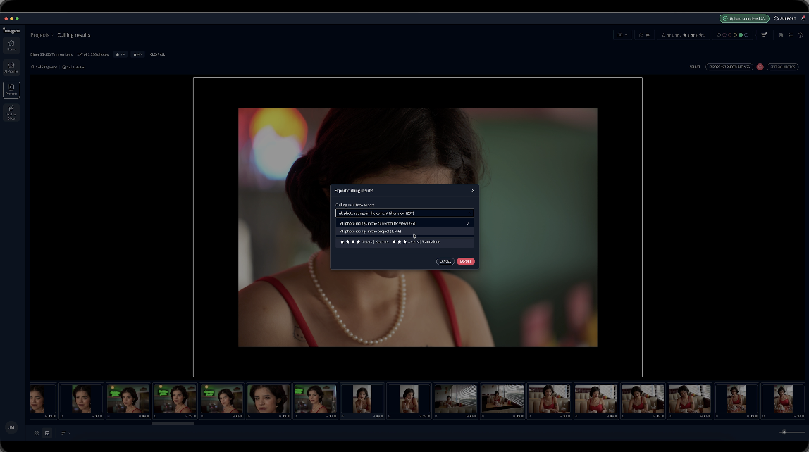 Screenshot of a photo editing software showing a portrait and export options.