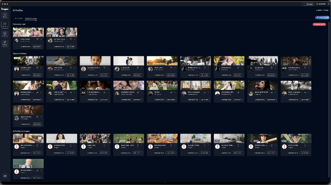 Screenshot of an AI Profiles interface displaying various photography styles and profiles.