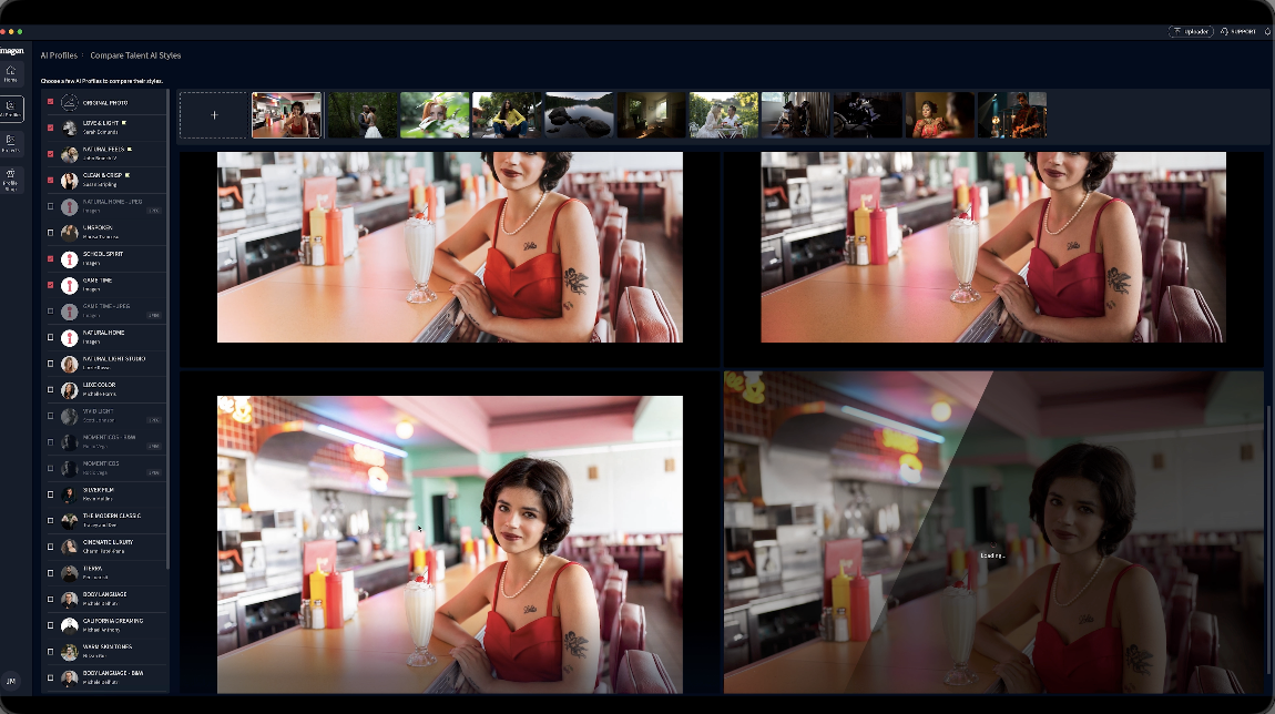 A woman in a red dress sitting at a diner counter with a milkshake.