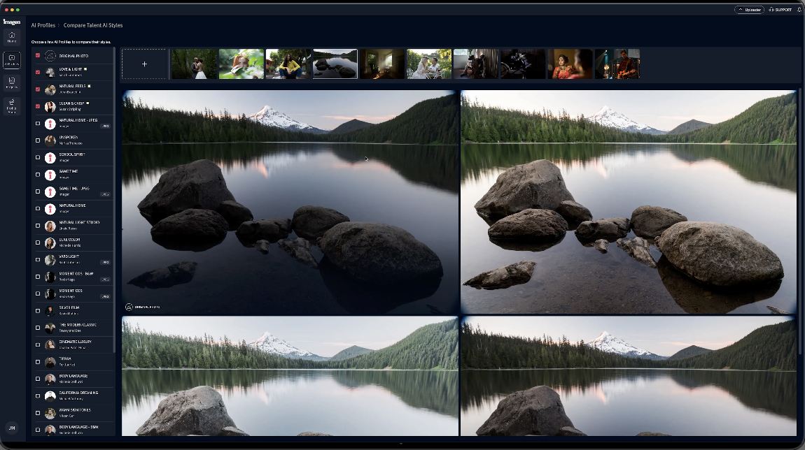 Comparison of four landscape photos showing a lake, rocks, and a snow-capped mountain.