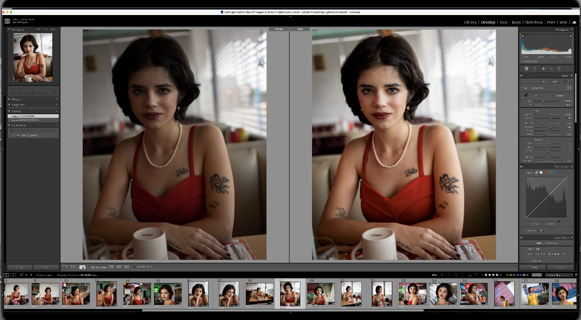 Side-by-side before and after photo editing of a woman in a red dress with tattoos, sitting in a cafe.