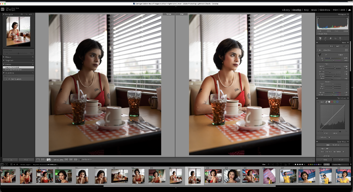 Woman in red dress sitting by a diner window with drinks and coffee.