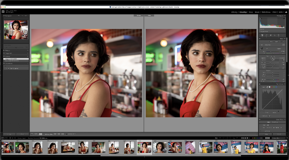 Side-by-side comparison of a woman in red dress edited in Adobe Lightroom.